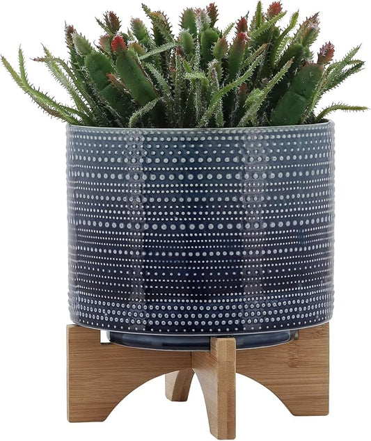Dotted Decorative Planter Pot with Wood Stand – Ceramic Stoneware Outdoor & Indoor Plant Pot with Drainage Holes – Modern Garden & Home Decor Planters – 10", Blue