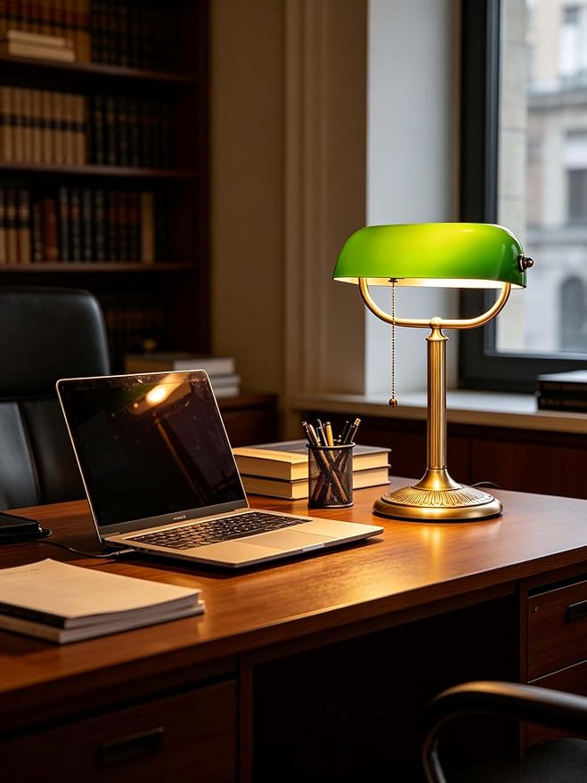1-Minute Quick-Change Shade Classic Green Glass Bankers Desk Lamp for Study, Office, Library, LED Bulb Included