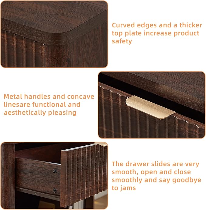 LEYAOYAO Fluted Farmhouse Nightstand Set of 2 with Charging Station, 23" Wide 1 Drawers Night Stand,Walnut Dresser for Bedroom,Bed Side Table Chest of Drawers,Wood End Table for Living Room