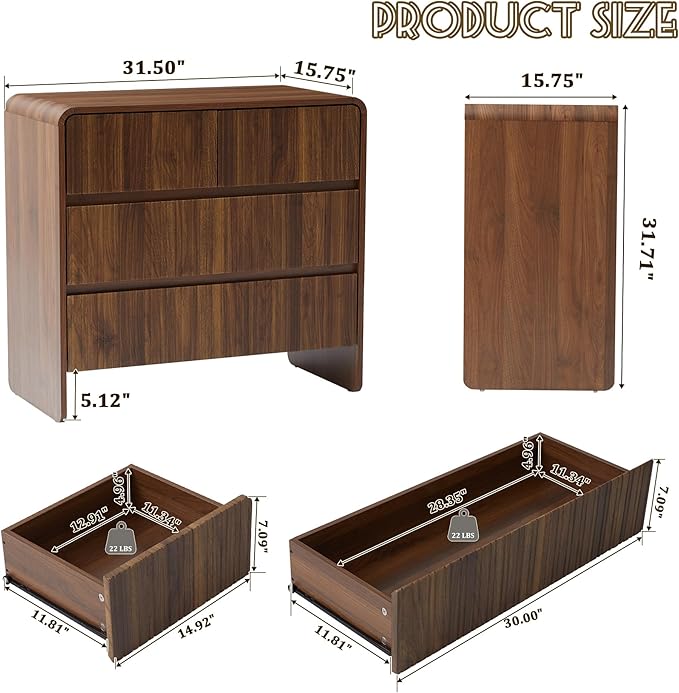 Fluted 3 Drawer Dresser for Bedroom,Mid Century Modern Wide Chest of Drawer,Curved Edge Wood Closet Dresser Nightstand for Bedroom Living Room Hallways (Walnut, Wide 3 Drawer)