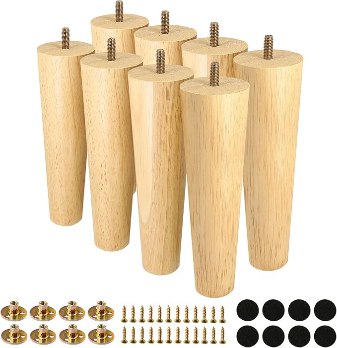 FoDau770 Rubber Wood Furniture Legs 8 Inches, Straight Tapered Wood Feet Mid Century Sofa Legs Set of 8, 5/16" UNC Furniture Feet Replacement Parts for Cabinet Couch Dresser Chair Ottoman Table