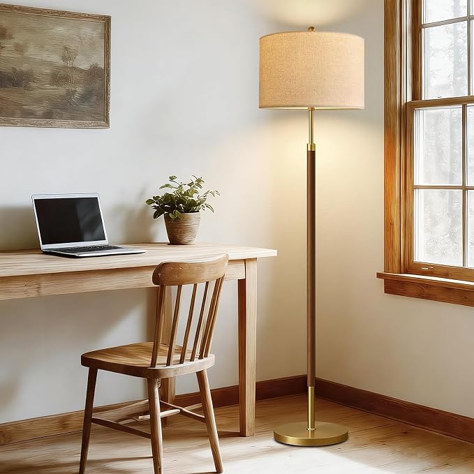 ILLMTW Wood Floor Lamp for Living Room,Bedroom,Vintage Mid Century Modern Standing Lamp with Remote Dimmable,Boho Gold Tall Lamp Fabric Lamp Shade Floor Lights Bohemian Tiffany Style