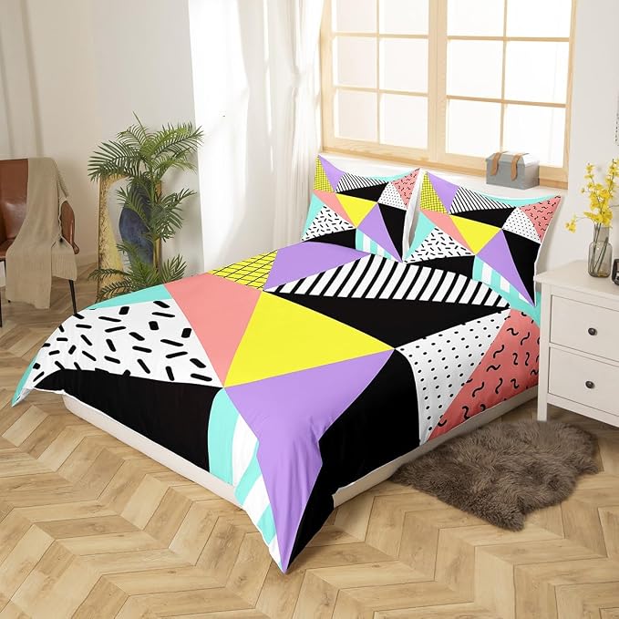 Memphis Duvet Cover Set King Size, Geometric Triangle Pattern Comforter Cover with 2 Pillowcases, Retro 80s 90s Fashion Style Bedding Set for Kids Boys Girls Lightweight Bedspread Cover,No Comforter