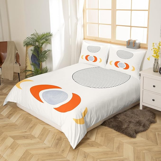 Erosebridal Mid Century Bedding Sets King Abstract Moon Comforter Cover, Striped Bed Set White Aesthetic Duvet Cover, Retro Minimalism Quilt Cover Modern Art Bedroom Decor Ultra Soft 3pcs