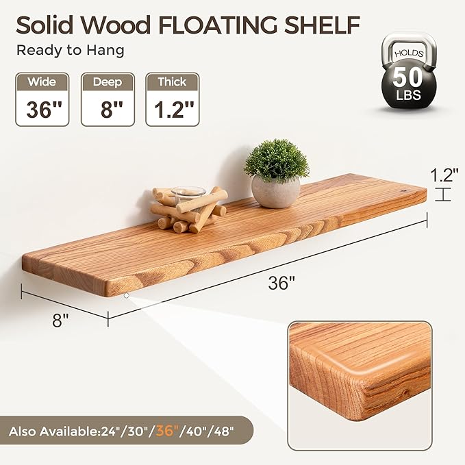 Fun Memories 36 Inch Floating Shelves, Rustic Solid Wood Wall Shelves Set of 2, 8 Inch Deep Floating Shelf for Bathroom, Bedroom, Heavy-Duty Wooden Shelf Wall-Mounted for Home Decor & Storage