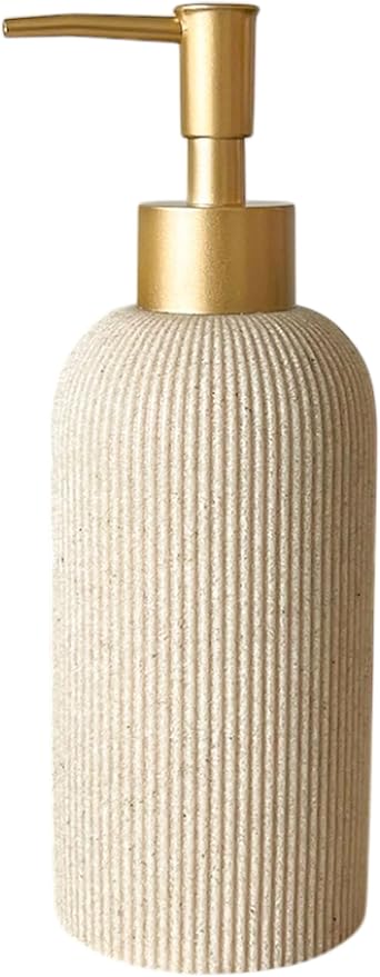 Lunestella Sand Beige Hand Soap Dispenser for Bathroom and Kitchen with Matte Gold Pump, Lotion, Dish Soap, Multiuse, Luxury Farmhouse Style, Sandstone Finish, Rust Proof, 7oz (Matte Gold)