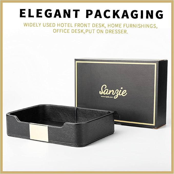 SANZIE Luxury Leather Tray Organizer Valet Tray Key Tray for Entryway Table Desktop Storage Catchall Tray Decorative Tray for Jewelry Keys Wallet Phone Watch (Metal Gilded, Black)