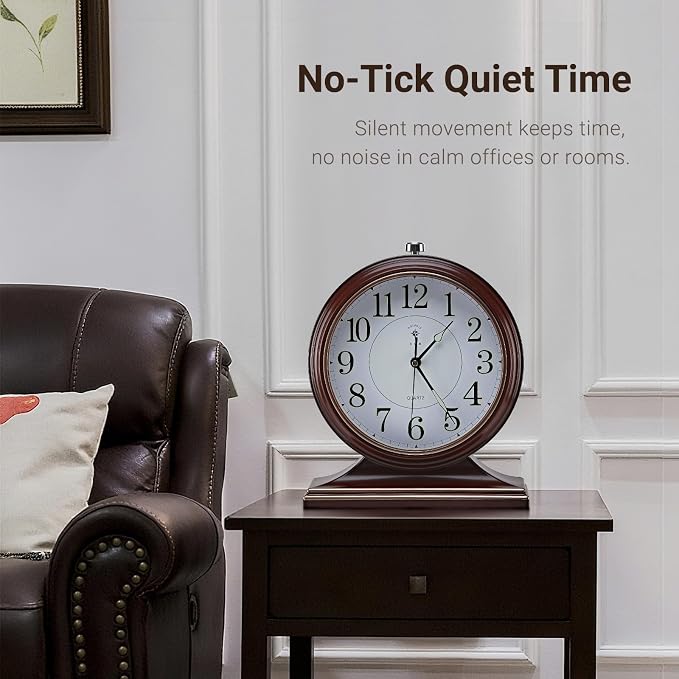 10-inch Vintage Mantel Desk Clock, Silent Desk Clock for Living Room Décor, Easy to Read Larege Retro Mantel Clocks for Fireplace and Shelf Decoration. (Brown)