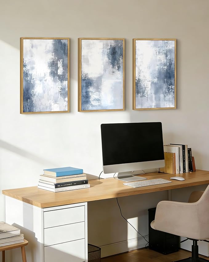 KUVIOKE Navy Blue and Gray Abstract Framed Canvas Wall Art Brush Strokes Block Shape Pastel Wall Decor Modern Minimalist Art Painting Home Decor 16x24in (Natural Framed)