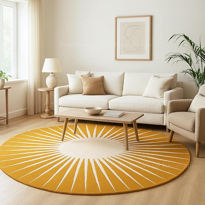 Modern Round Area Rug – Hand-Tufted with 100% NZ Wool, Thick & Soft Circular Carpet for Living Room, Bedroom & Dining Room Decor (Mustard, 9' Round)