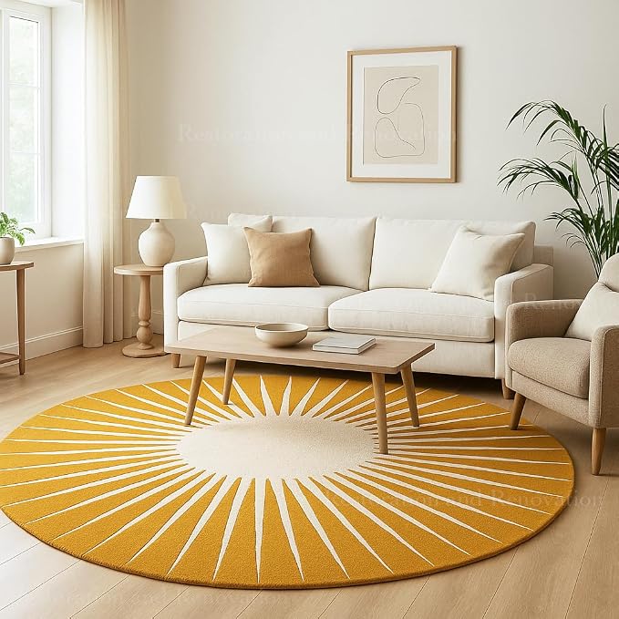 Restoration and Renovation Modern Round Area Rug – Hand-Tufted with 100% NZ Wool, Thick & Soft Circular Carpet for Living Room, Bedroom & Dining Room Decor (Mustard, 7' Round)