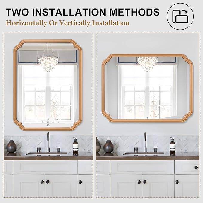Wood Bathroom Mirror for Over Sink, 30" x 40" Modern Rounded Corner Rectangle Wall Mirror for Bathroom Vanity Decorative with Rustic Wooden Framed (Horizontal/Vertical)