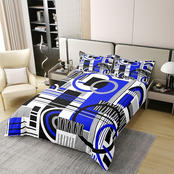 Erosebridal Art Deco Mid Century Duvet Cover Set Retro Modern Abstract Geometric 100% Cotton Comforter Cover Black and White Navy Blue Circles Stripes King Bedding Set, Contemporary Bed Sets