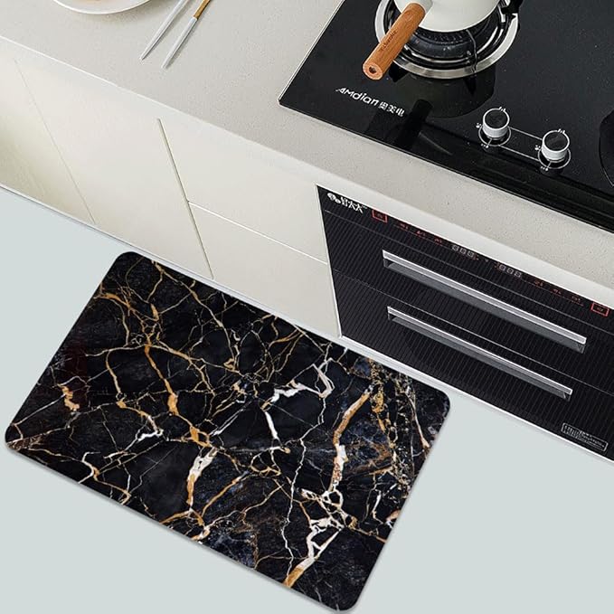 Bath Mat Rug,Black marble with yellow and white Non Slip Quick Dry Super Absorbent Thin Bathroom Rugs Fit Under Door-Easy to clean Bathroom Floor Mats-Shower Rug for Shower Sink Bathtub(20" x 31"In)