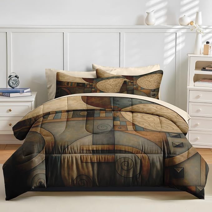 Nesker Comforter Set Full Size, Geometry Vintage 7 Pcs Bedding for Kids and Adults, Abstract King Retro Tribe Bed Sheet Sets with Fitted Sheet 2 Pillowcases & 2 Shams