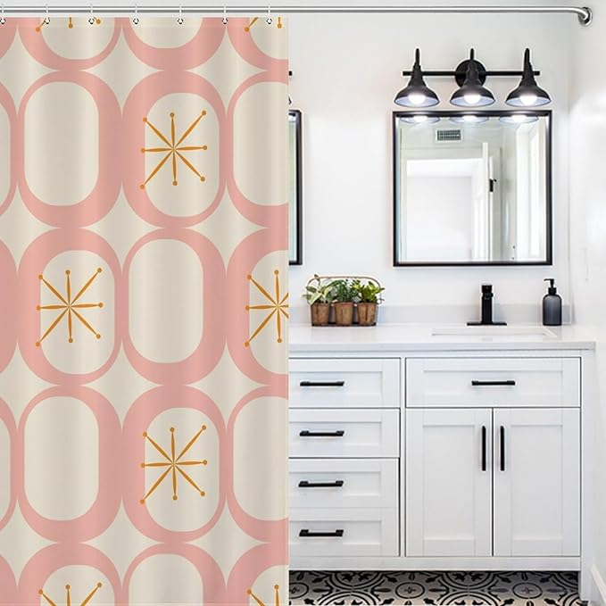 Retro 50S Shower Curtains Vintage Mid Century Aesthetics Modern Pink Beige Pattern Duty Fabric Shower Curtain Set Bathroom Polyester Waterproof with 12 Hooks, 66x72Inch（168x183cm）