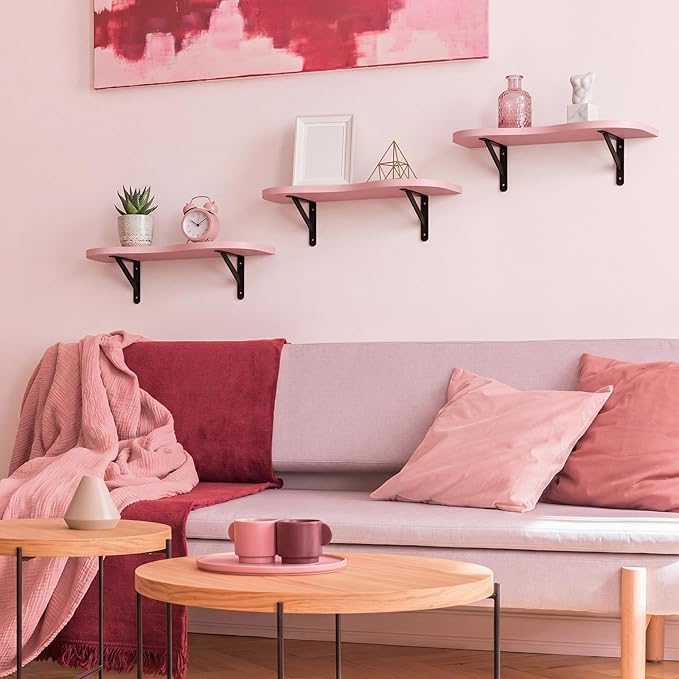AceOrbit 3 Pcs Pink Floating Shelves Wavy Cloud Shelves Cute Wooden Shelf Live Edge Wall Mount Shelf Kawaii Pastel Room Decor Bookshelves Organize for Bedroom Living Room Home Decor Housewarming Gifts