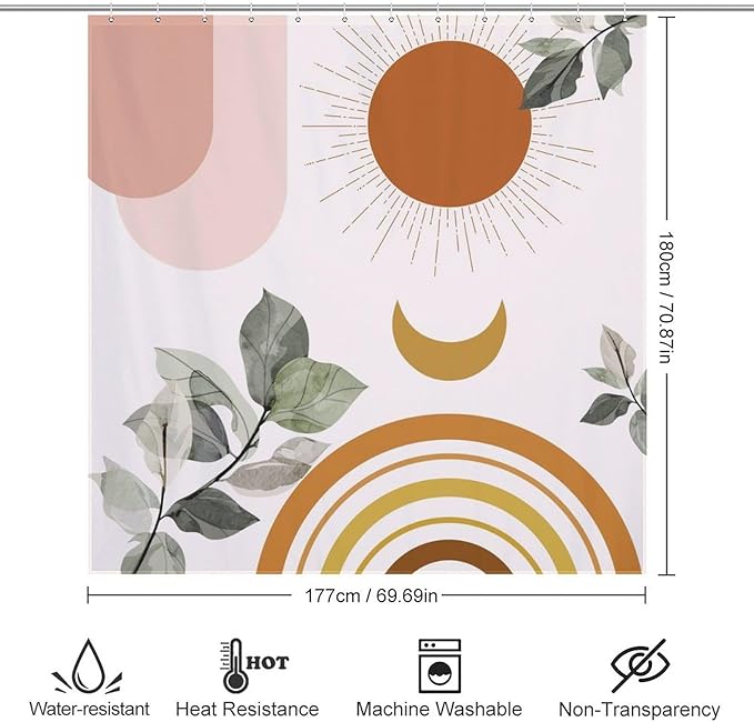 Boho Mid Century Shower Curtain,Green Nature Leaf Sun Modern Minimalist Bathroom Curtain Polyester Waterproof Fabric Decor 72x72in（183x183cm）