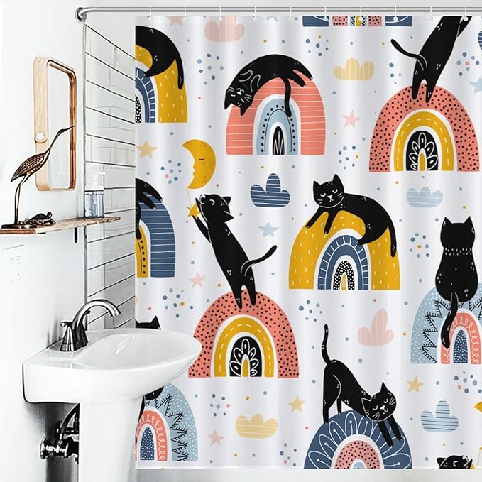 Boho Cats Shower Curtain Colorful Rainbow Black Cats Fantasy Pattern Duty Fabric Shower Curtains Set Bathroom Polyester Waterproof with 12 Hooks, 66x72Inch（168x183cm）