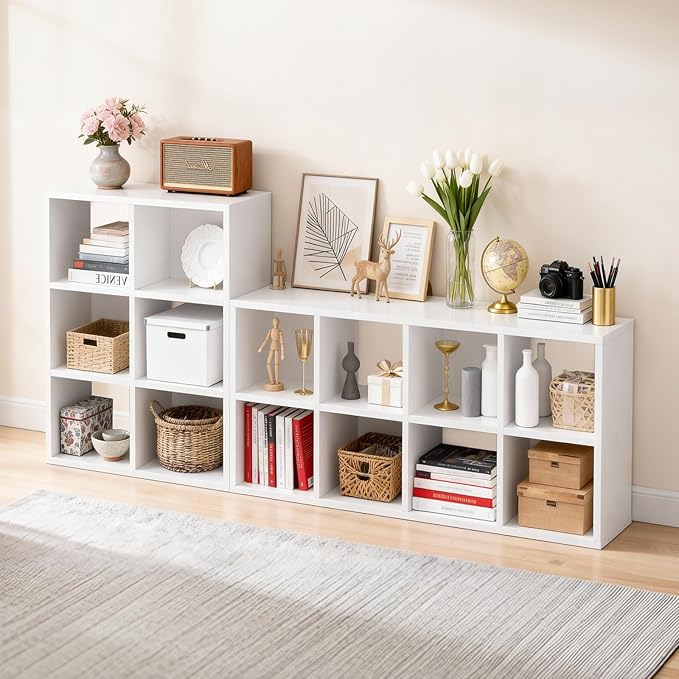 LUCKLIFE 6-Cube Storage Organizer, Stackable Modular Bookcase Shelf with Vertical or Horizontal Use, Fits 11×11" Bins, Optional Back Panels, for Living Room, Office, White