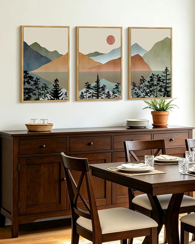 KUVIOKE Watercolor Mountain Framed Wall Art Nature Laker Landscape Painting Sun Rises Boho Farmhouse Rustic Room Decor 16x24in (Natural Framed)
