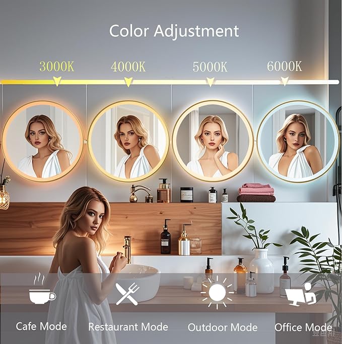 32 Inch Wall-Mounted Round Bathroom Mirror with LED-Lights - Frame Vanity Mirrors with Dimmable (32" x 32", Gold)