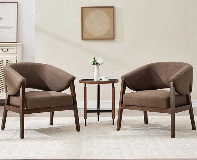 CIMOTA Mid-Century Modern Accent Chairs Set of 2, Comfy Barrel Armchairs with Wide Seat, Upholstered Lounge Chairs with Walnut Wood Legs for Living Room/Bedroom/Reading Corner, Linen Fabric, Brown