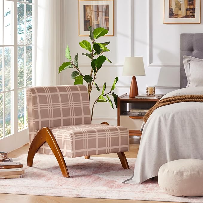 Oversized Accent Chair, upholstered armless mid Century Modern Living Room Chair with Wooden Legs for Bedroom/Office/Cafe, Plaid Camel