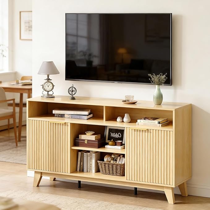 VINGLI Boho Fluted TV Stand for 70 Inch TV, Tall Wooden TV Console with Storage, Solid Wood Legs Entertainment Center with Shelves & Cable Management, Media Cabinet for Living Room or Bedroom, Oak