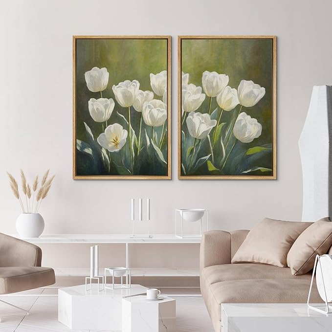 IDEA4WALL Framed Canvas Print Wall Art Set White Tulip Floral Botanical Bloom Illustrations Modern Art Decorative Bohemian Calm/Zen for Living Room, Bedroom, Office - 24"x36"x2 Natural