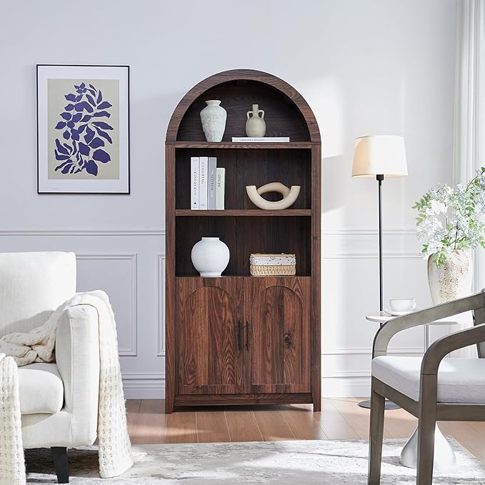 RowyPoey Rattan Arched Cabinet Bookshelf - 69.3” Tall Mid Century Display Cabinet, Rounded Bookcase with Rattan Doors, Open Shelf Storage for Dining Room (Walnut, 2 PCS)