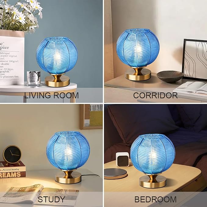 Mid-Century Modern Glass Table Lamp 3 Brightness Levels Dimmable Touch Control Desk Lights with Plug in Cord On/Off Switch, Globe Decor Nightstand Lamps for Bedroom Living Room Office (Blue)