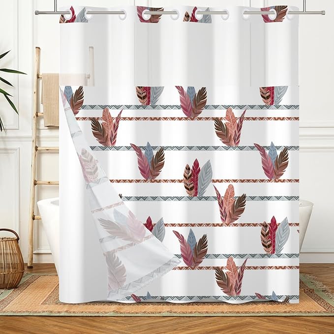 No Hooks Boho Tribal Shower Curtain with Snap in Liner Feathers Bohemian Shower Curtains for Bathroom Decorative Geometric Stripes Aesthetic Fabric Waterproof Inner Liner 71x74 Inch