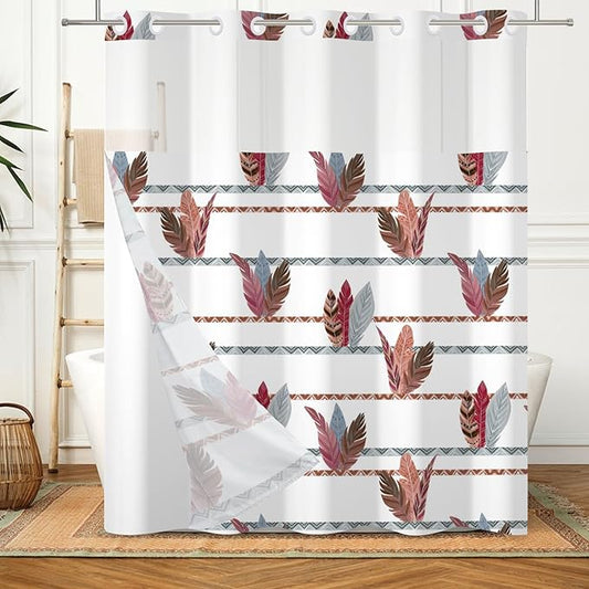 No Hooks Boho Tribal Shower Curtain with Snap in Liner Feathers Bohemian Shower Curtains for Bathroom Decorative Geometric Stripes Aesthetic Fabric Waterproof Inner Liner 71x74 Inch