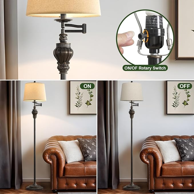 G-SAFAVA 61" Vintage Floor Lamp with 350° Adjustable Swing Arm, Standing Lamp for Bedroom Living Room Bedside Nightstand Retro Farmhouse Mid Century Lamp Light Home Décor Office Gifts