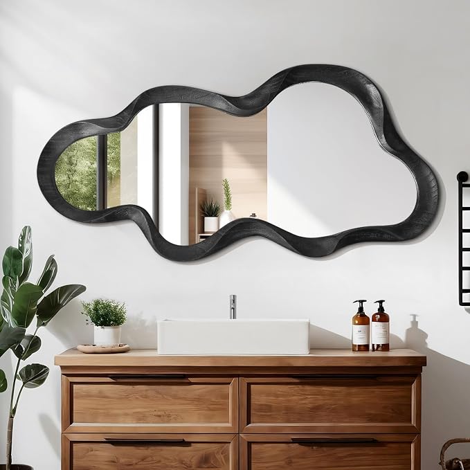 Irregular Wooden Framed Wall Mirror Modern Asymmetrical Cloud Hanging Mirror Artistic Mirror Decor Bathroom Vanity Bedroom Living Room Entryway Hallway Large 47" x 22" Black