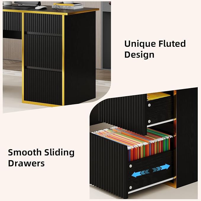 4 EVER WINNER Computer Desk with Drawers, 47'' Fluted Small Desk for Bedroom, Wood Office Desk with File Drawers for Study, Living Room, Black and Gold