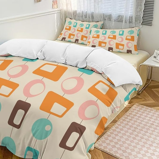 Colorful Aesthetic Comforter Cover Geometry Bed Set, Retro Atomic Duvet Cover，Modern Mid Century Bedding Sets，Aesthetic Abstract Art Bedding 3 Piece (1 Duvet Cover 102"x90" + 2 Pillow Sham 20"x30")