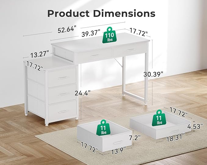 ODK Computer Desk with 5 Drawers, 53 Inch Office Desk with Printer Shelf, Reversible Vanity Desk for Home Bedroom, Writing Table Desk for Storage, White