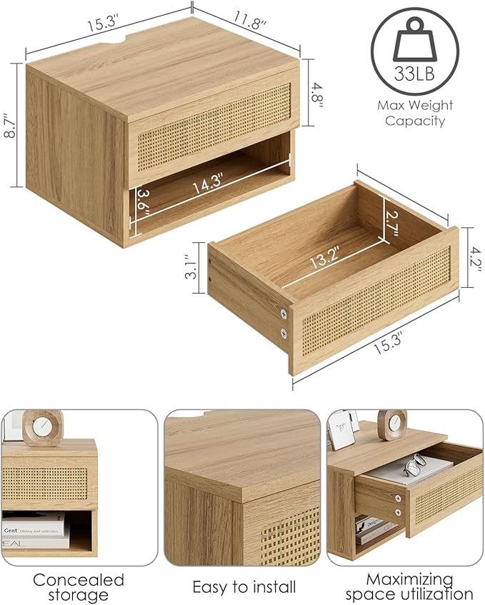 Floating Nightstand, Small Modern Floating Nightstand with Drawer, Floating Shelves for Bedroom, Bathroom (Oak Rattan)