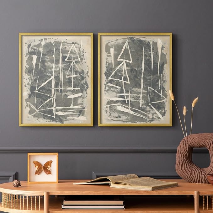 Renditions Gallery Set of 2 Peel & Stick Framed Prints, Trendy Abstract Wall Art, Textured Linework Striking Wall Decor, Re-Stickable - Ready to Hang - 8"x10" - GOLD Frame LT588