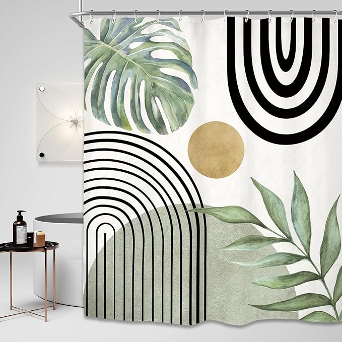 Miyotaa Abstract Light Sage Green Shower Curtain Set 60Wx71H Inches Minimalist Aesthetic Modern Contemporary Plant Leaves Neutral Monstera Mid Century Waterproof Bathroom Curtain with 12 Hooks