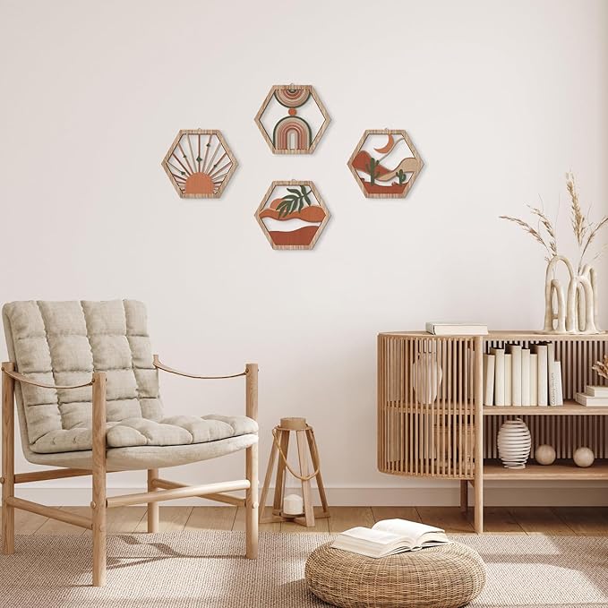 HPNIUB 4 Pcs Boho Wall Art Decor, Bohemian Geometric Hanging Wood Sign for Living Room, Aesthetic Abstract Desert Cactus, Minimalist Farmhouse Botanical Wooden Plaque for Apartment Bedroom(11''x9.8'')