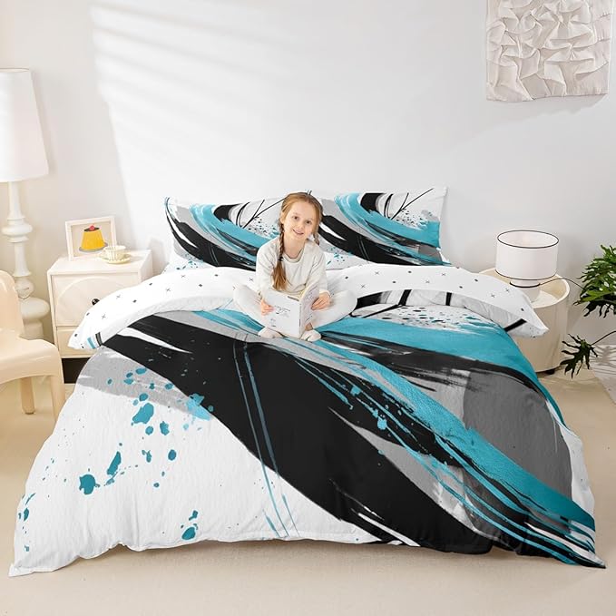 Erosebridal Black Blue Geometric Decorative Duvet Cover King - Geometric Boho Abstract Bedding Striped Bed Set for Boys Adults Girls Minimalists Graffiti Aesthetic Lines Bed Cover