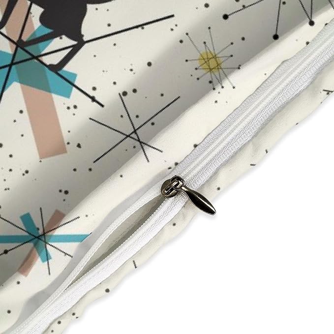 Mid Century Black Cat Comforter Set,Retro Abstract Atomic Star Pattern Cartoon Black Cat 1950s 1960s Vintage Pastel Bedding Set with Pillowcase for Bedroom Bed Decor,Queen 90"x90"