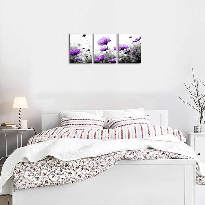 Flowers Wall Art Canvas Pictures Purple Wildflowers Black and White Background 3 Piece Canvas Art Blossom Contemporary Artwork for Home Decoration Office Kitchen Wall Decor 12"x 16" x 3 Panels