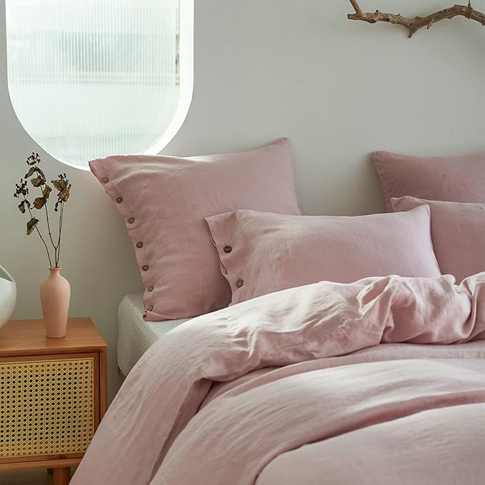Simple&Opulence 100% Linen Duvet Cover Set 2pcs with Coconut Button Closure Natural French Washed Flax Solid Color Soft Breathable Farmhouse Bedding - Blush Pink, Twin Size