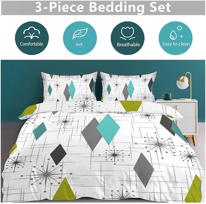 Mid Century Bedding Set,Retro Starbursts Abstract Green Grey Geometric Minimalist 1950s 60s Pattern Comforter Set with Pillowcase for Bedroom Bed Decor，Twin 86"x70"