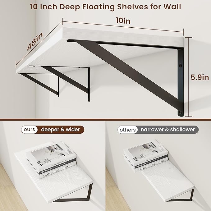 Axeman 48 Inch Floating Shelves | 10 Inch Deep White Wall Shelves Set of 2 | 48" W x 10" D White Wood Floating Shelves for Living Room Bathroom Kitchen