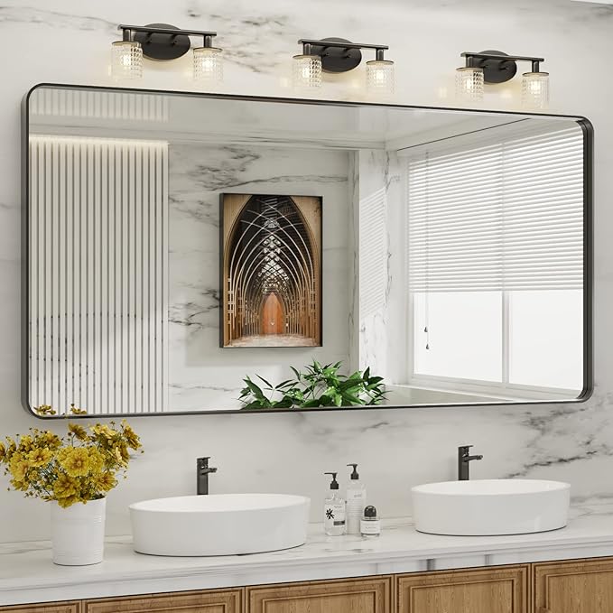 LOAAO 72X36 Inch Black Metal Framed Bathroom Mirror for Wall, Matte Black Bathroom Vanity Mirror Farmhouse, Large Rounded Rectangle Mirror, Anti-Rust, Shatter-Proof, Hangs Horizontally or Vertically